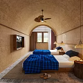Hotel Room Interior With Arched Ceiling Ceiling Fan TV Two Beds And Blue Plaid Blankets