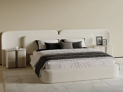 Double Bed with White Headboard Side Nightstands Black Gray Pillows Striped Blanket Beige Wall Carpet 3d model