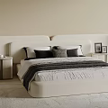 Double Bed with White Headboard Side Nightstands Black Gray Pillows Striped Blanket Beige Wall Carpet