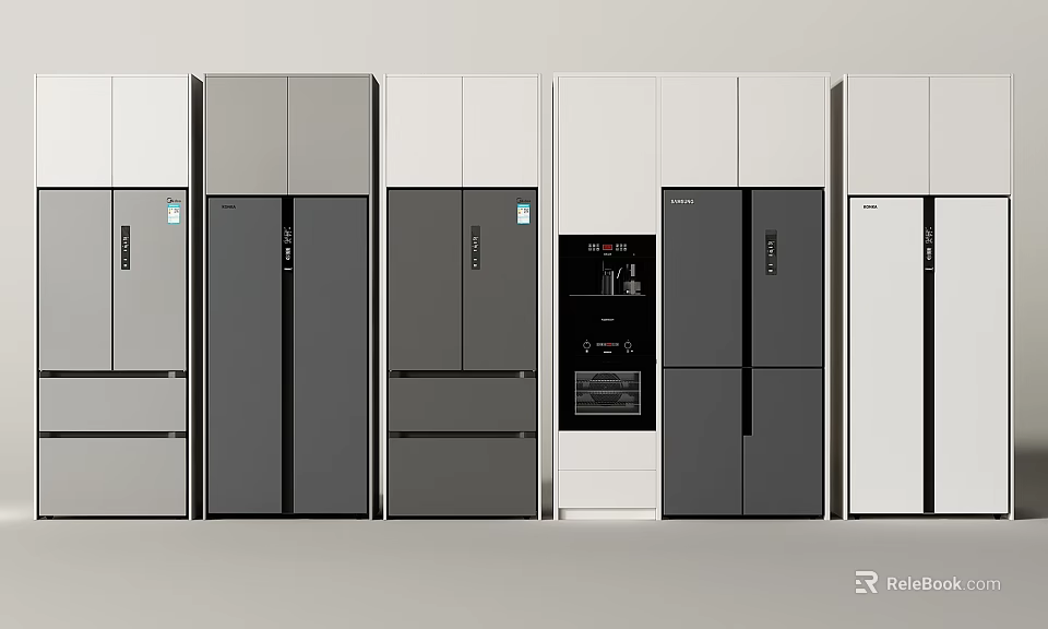 Various Modern Refrigerator Freezer Designs In Different Colors For Kitchen 3d model