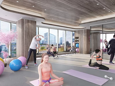 People Practicing Yoga On Mats With Fitness Balls And Stretching In Bright Indoor Gym 3d model