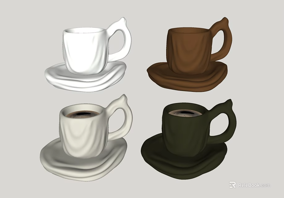 Set of Ceramic Cups with Saucers in White Brown and Dark Green with Coffee 3d model 