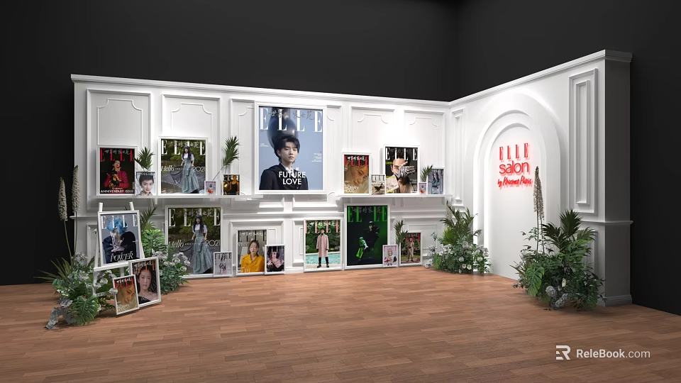 Stylish Photo Check-in Spot With White Walls Photos Frames Green Plants And Wooden Floor 3d model 