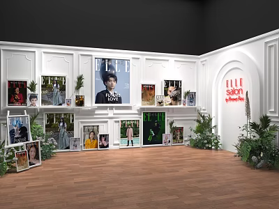 Stylish Photo Check-in Spot With White Walls Photos Frames Green Plants And Wooden Floor 3d model