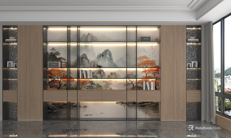 Modern Storage Cabinet Shelf Featuring Landscape Painting Wooden Elements LED Strip Lights And Decorative Displays 3d model 