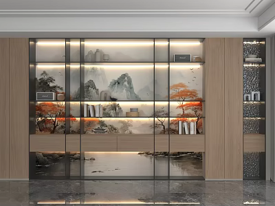 Modern Storage Cabinet Shelf Featuring Landscape Painting Wooden Elements LED Strip Lights And Decorative Displays 3d model
