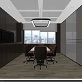 Modern Conference Room Interior Design With Wooden Walls Large Windows City View And Brown Chairs