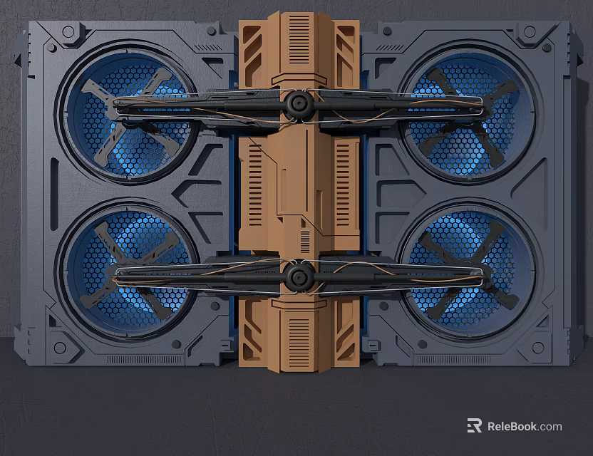 Industrial Wall Design with Gray Surface Brown Structural Panels and Blue Ventilation Fans 3d model 