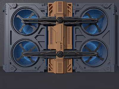 Industrial Wall Design with Gray Surface Brown Structural Panels and Blue Ventilation Fans 3d model