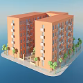 Orange Multi Storey Apartment Building With Balconies Surrounded By Green Trees Under Clear Blue Sky