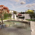 Modern Courtyard Garden Entrance Featuring Gray Walls Brick Pavement Green Plants and Sunshade