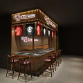 Modern Wooden Bar Counter With High Stools And Decorative Lighting Signage