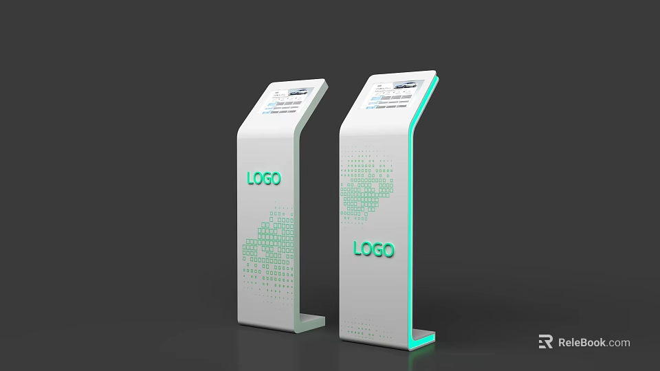 White Interactive Kiosks With LOGO And Green World Map Digital Screens 3d model 