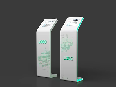 White Interactive Kiosks With LOGO And Green World Map Digital Screens 3d model