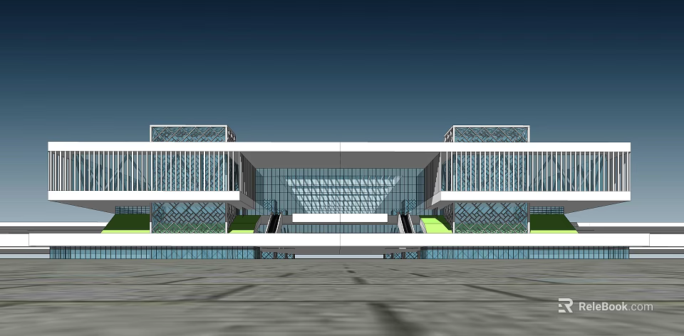 Modern Train Station Exterior With Glass Curtain Walls And Symmetrical Design 3d model 