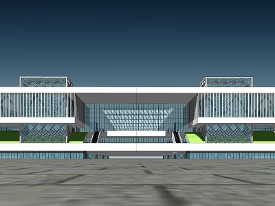 Modern Train Station Exterior With Glass Curtain Walls And Symmetrical Design 3d model