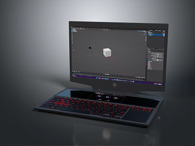 High Performance 3D Modeling Computer With 3D Cube Model On Screen And Red Backlit Keyboard 3d model