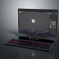 High Performance 3D Modeling Computer With 3D Cube Model On Screen And Red Backlit Keyboard