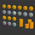 Gold and Silver Coins Stacked with Various Icons on Dark Background with Reflection