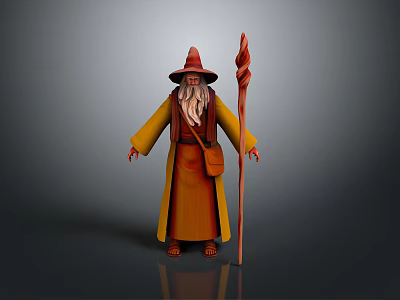 Fantasy Wizard Character With Yellow Robe Red Pointed Hat Long Beard And Wooden Staff 3d model