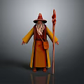 Fantasy Wizard Character With Yellow Robe Red Pointed Hat Long Beard And Wooden Staff