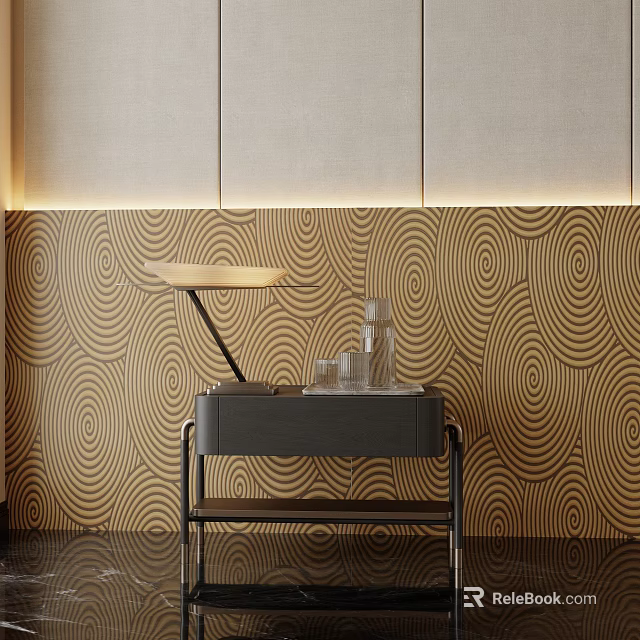 Stylish Modern Nightstand With Table Lamp Decorative Bottles And Wavy Patterned Background Wall 3d model