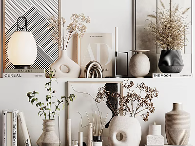 Modern Decorative Ornament Set With Vases Dried Plants Books Lamp And Geometric Frames 3d model