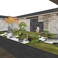 Rockery Stones In Japanese Garden Courtyard With Green Plants Pebble Path And Stone Lantern