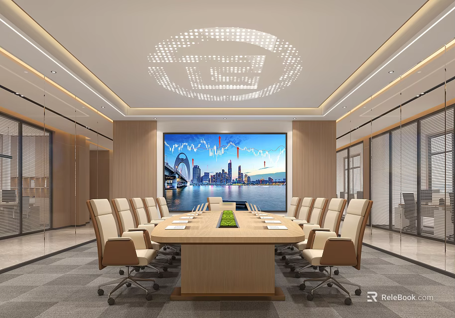 Modern Conference Room Interior With Long Wooden Table Comfortable Chairs And City View Screen 3d model 