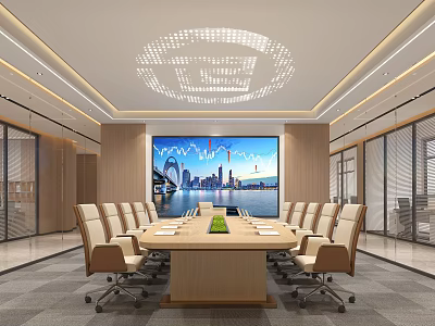 Modern Conference Room Interior With Long Wooden Table Comfortable Chairs And City View Screen 3d model