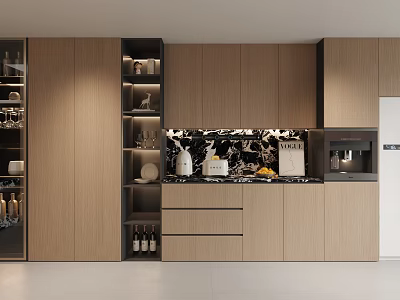 Modern Kitchen Wine Cabinet Design With Wooden Storage Bottles Display And Marble Backsplash 3d model