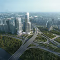 Aerial View of Modern Office Building Surrounded by Urban Traffic Network With Illuminated Night Lights