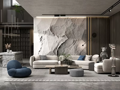 Modern Living Room Interior Featuring Marble Wall Light Sofa Blue Accent Chair And Coffee Table 3d model