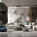 Modern Living Room Interior Featuring Marble Wall Light Sofa Blue Accent Chair And Coffee Table