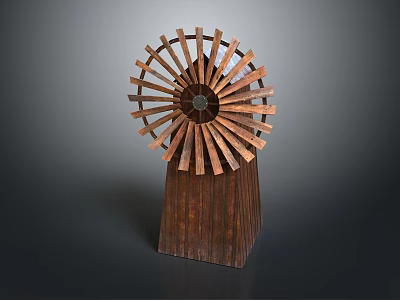 Artistic Wooden Windmill Sculpture With Radial Blades And Square Base Structure 3d model