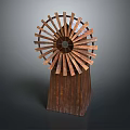 Artistic Wooden Windmill Sculpture With Radial Blades And Square Base Structure