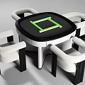 Modern Entertainment Table with Round Top and White Chairs Under Pendant Light
