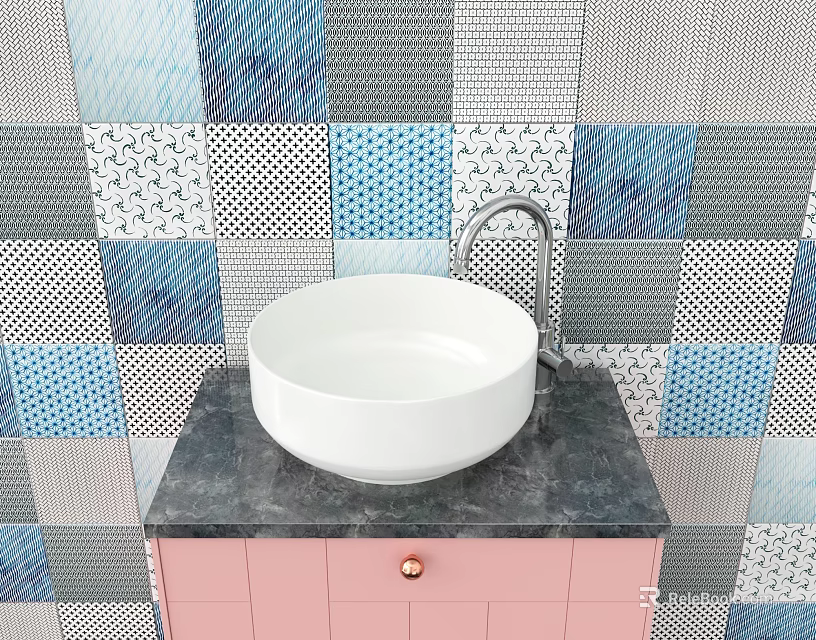 Bathroom Vanity with White Round Washbasin Black Marble Countertop Pink Cabinet and Patterned Tile Wall 3d model 