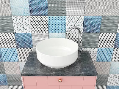 Bathroom Vanity with White Round Washbasin Black Marble Countertop Pink Cabinet and Patterned Tile Wall 3d model