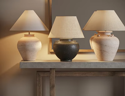 Three Modern Ceramic Table Lamps With Fabric Shades On Gray Tabletop 3d model