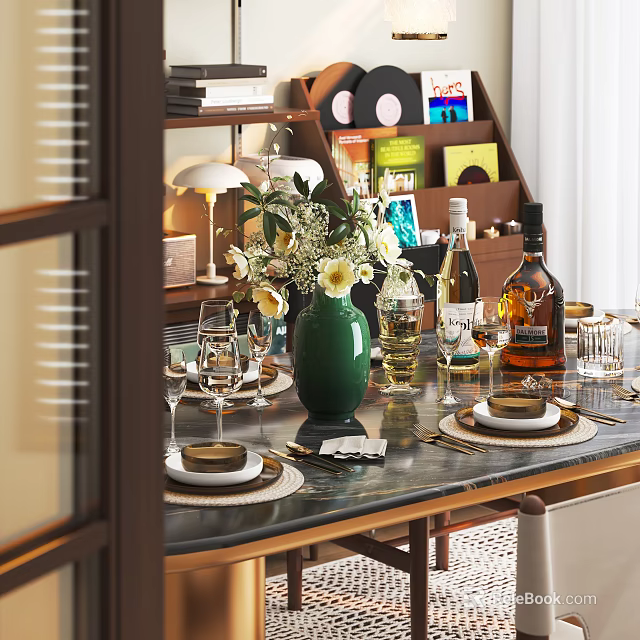 Elegant Dining Table Set with Green Vase White Flowers Wine Glasses Plates and Vinyl Records 3d model 
