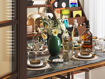 Elegant Dining Table Set with Green Vase White Flowers Wine Glasses Plates and Vinyl Records 3d model