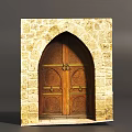 Arched Stone Door with Wooden Panels and Metal Decorative Details
