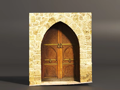 Arched Stone Door with Wooden Panels and Metal Decorative Details 3d model