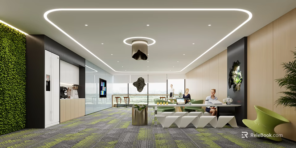 Modern Staff Break Room Interior With Open Layout Comfortable Seating And Green Plants 3d model