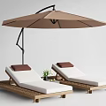 Outdoor Lounge Chairs With Wooden Frame White Cushions Brown Headrest Umbrella And Potted Plants