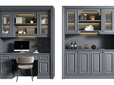 Modern Gray Wine Cabinet With Glass Doors Displaying Wine Bottles And Decorative Items 3d model