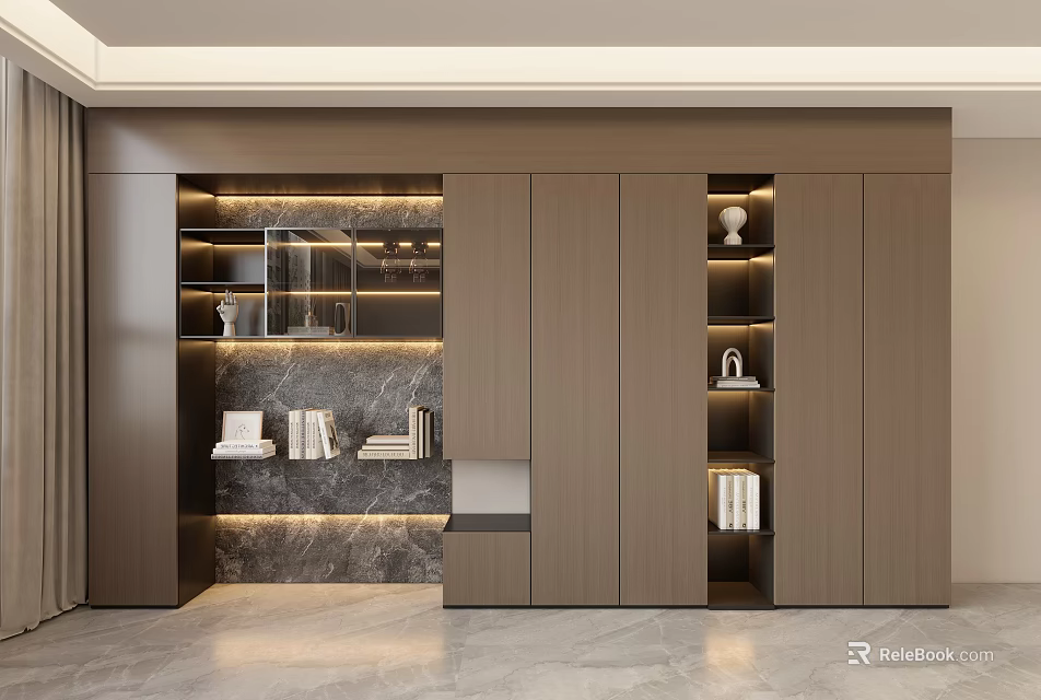 Modern Built in Wooden Bookcase With LED Lighting Books And Decorative Items On Marble Backdrop 3d model 