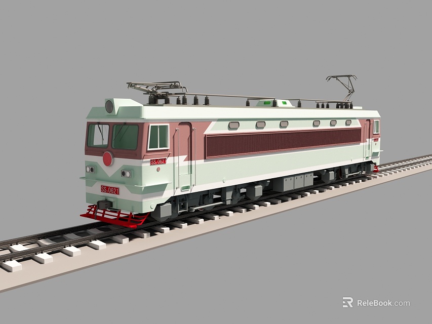 Red and Light Green Electric Locomotive Classic Style with Pantograph Moving Along Railway Tracks 3d model 