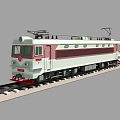 Red and Light Green Electric Locomotive Classic Style with Pantograph Moving Along Railway Tracks